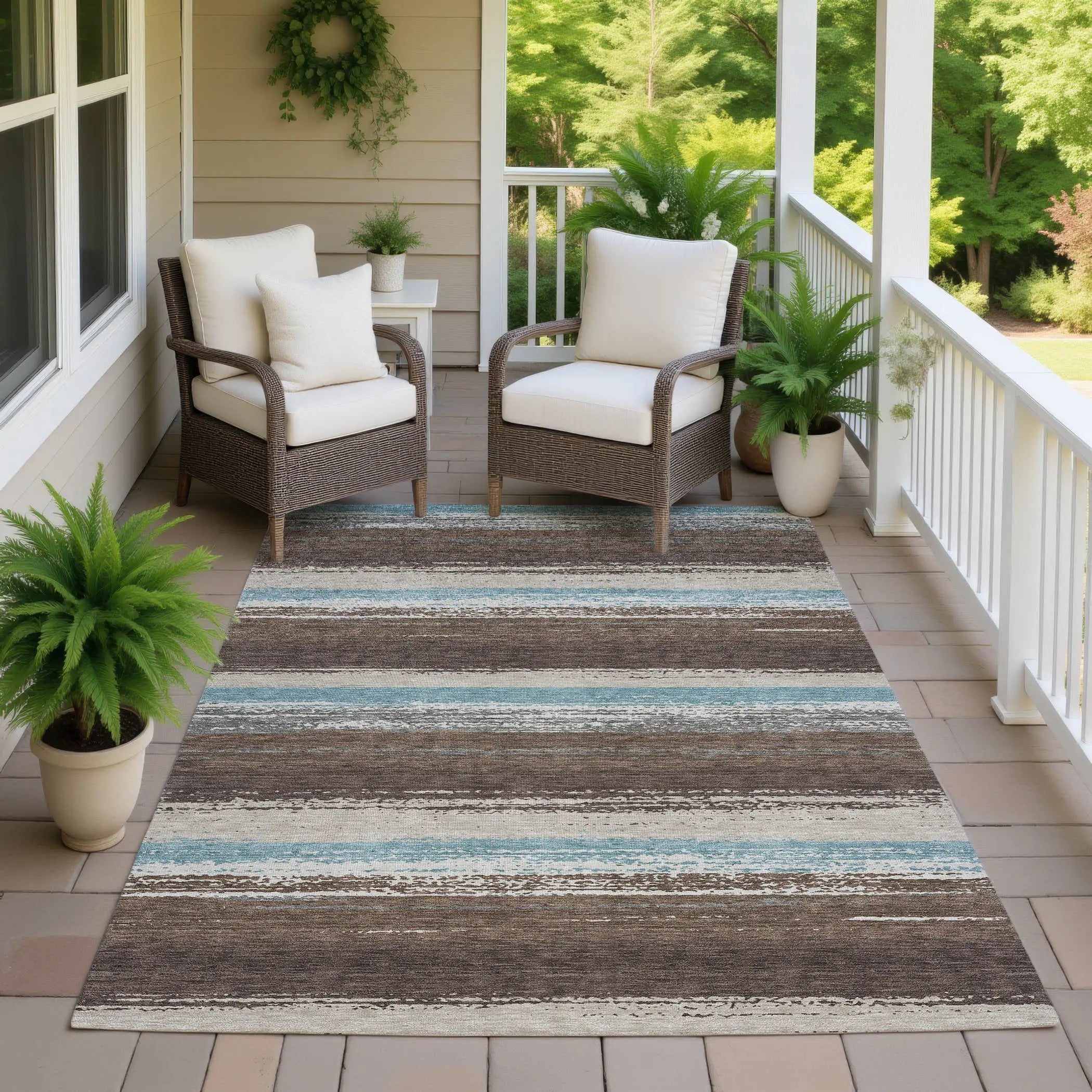 3' X 5' Brown And Beige Striped Washable Indoor Outdoor Area Rug Homeroots Outdoor