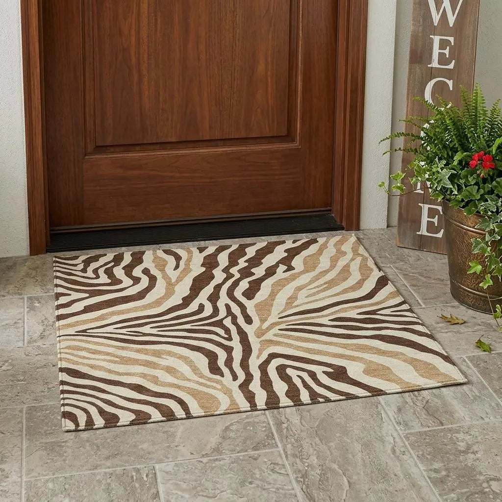 3' X 5' Brown And Beige Zebra Print Washable Indoor Outdoor Area Rug Homeroots Outdoor