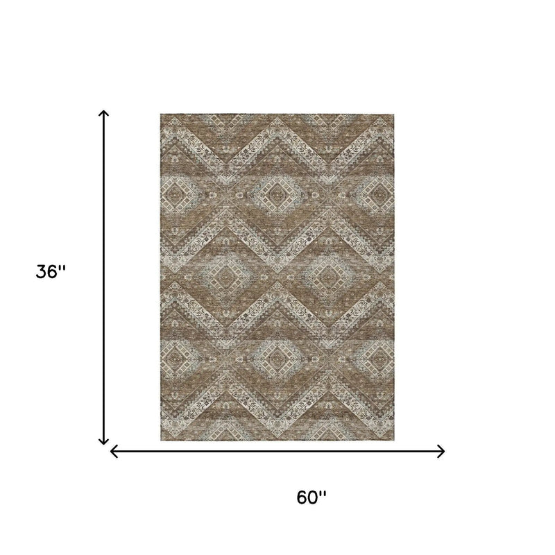3' X 5' Brown And Chocolate Tribal Washable Indoor Outdoor Area Rug Homeroots Outdoor