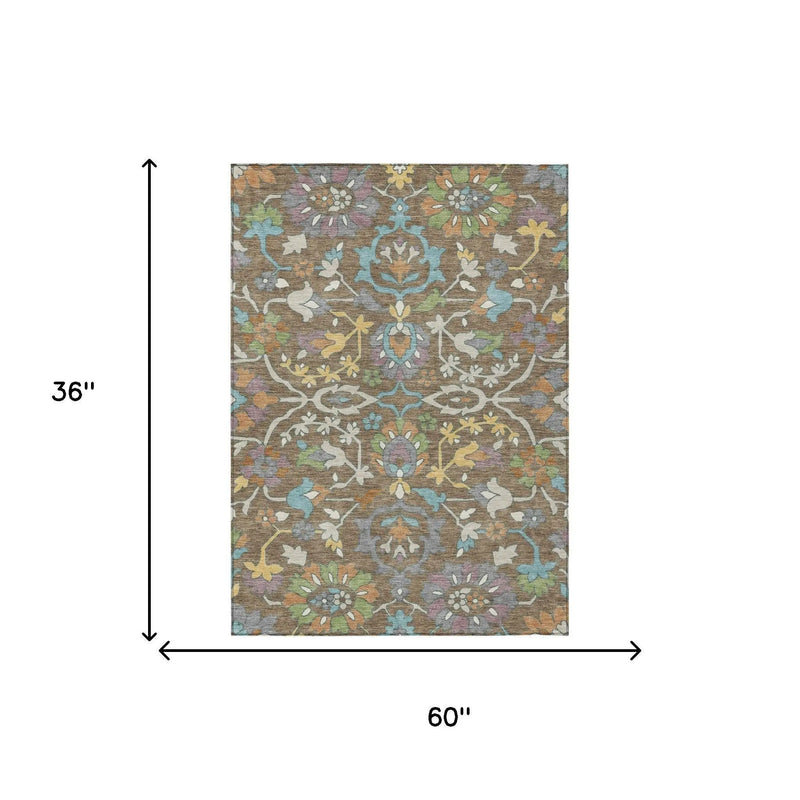 3' X 5' Brown And Copper Floral Washable Indoor Outdoor Area Rug Homeroots Outdoor