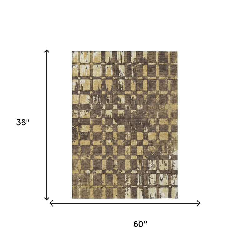 3' X 5' Brown And Gold Abstract Washable Indoor Outdoor Area Rug Homeroots Outdoor