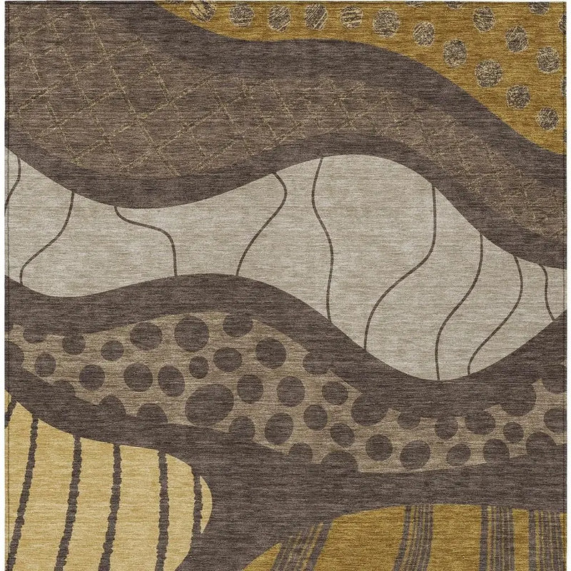 Neutral-toned abstract patterned rug featuring brown, beige, and mustard waves, perfect for modern decor.