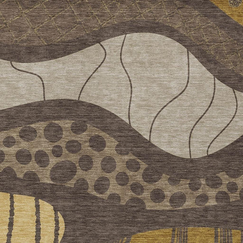 Abstract patterned area rug in beige, brown, and gold tones, featuring wavy lines and playful dots. Ideal for modern decor.