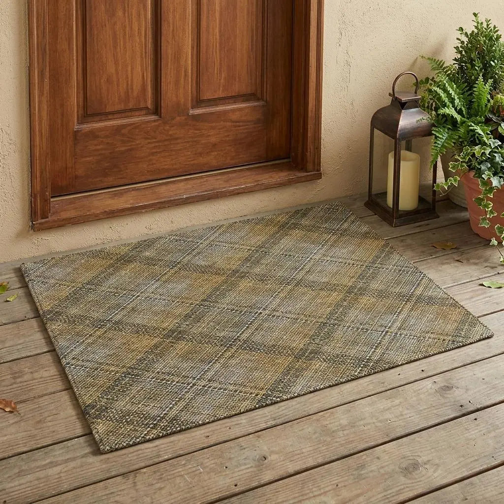 3' X 5' Brown And Gold Plaid Washable Indoor Outdoor Area Rug Homeroots Outdoor