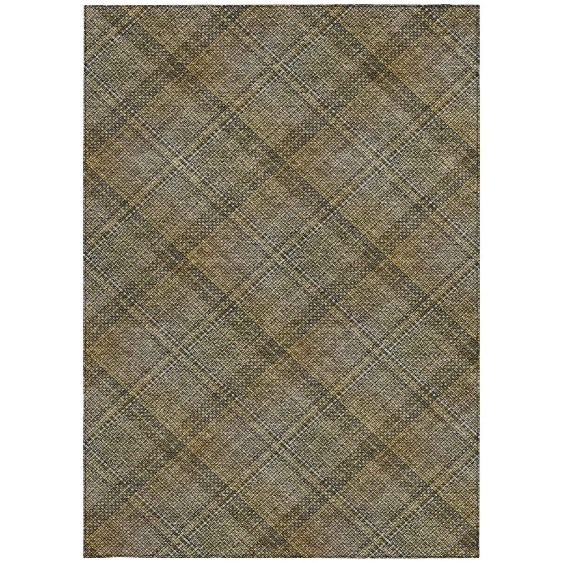 Brown and gold plaid area rug, woven fabric, modern style, perfect for cozy living spaces.