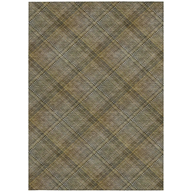 Brown and gold plaid area rug, woven fabric, modern style, perfect for cozy living spaces.