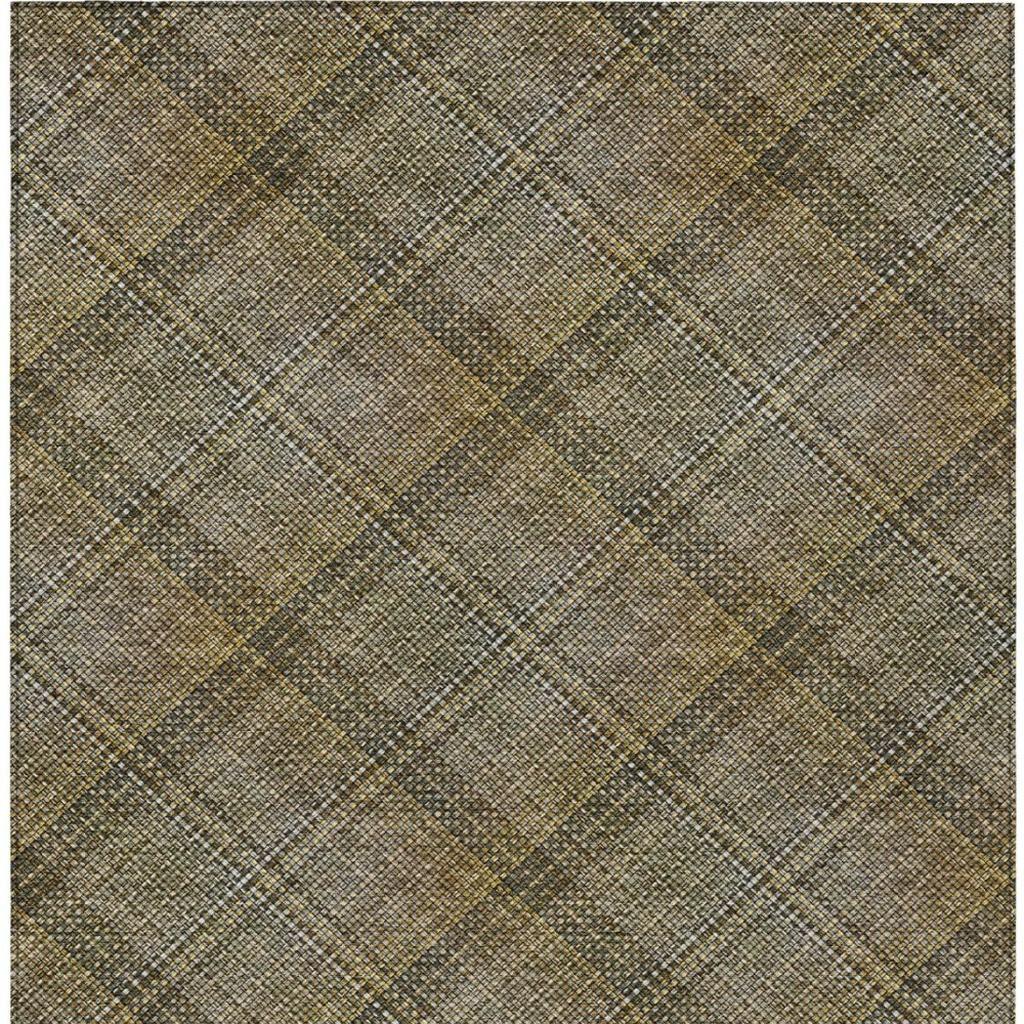 Brown plaid area rug made of durable synthetic fiber, featuring a modern geometric design perfect for any room.