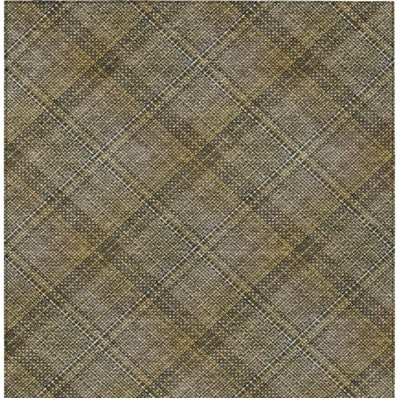Brown plaid area rug made of durable synthetic fiber, featuring a modern geometric design perfect for any room.