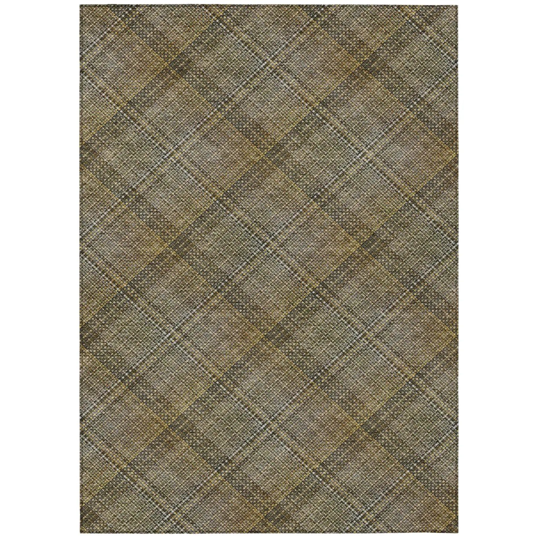 Brown and taupe plaid woven area rug, 100% polypropylene, modern style, ideal for living rooms and dining areas.