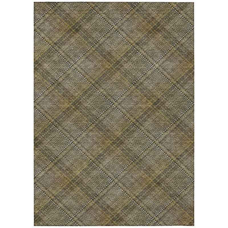 Brown and taupe plaid woven area rug, 100% polypropylene, modern style, ideal for living rooms and dining areas.