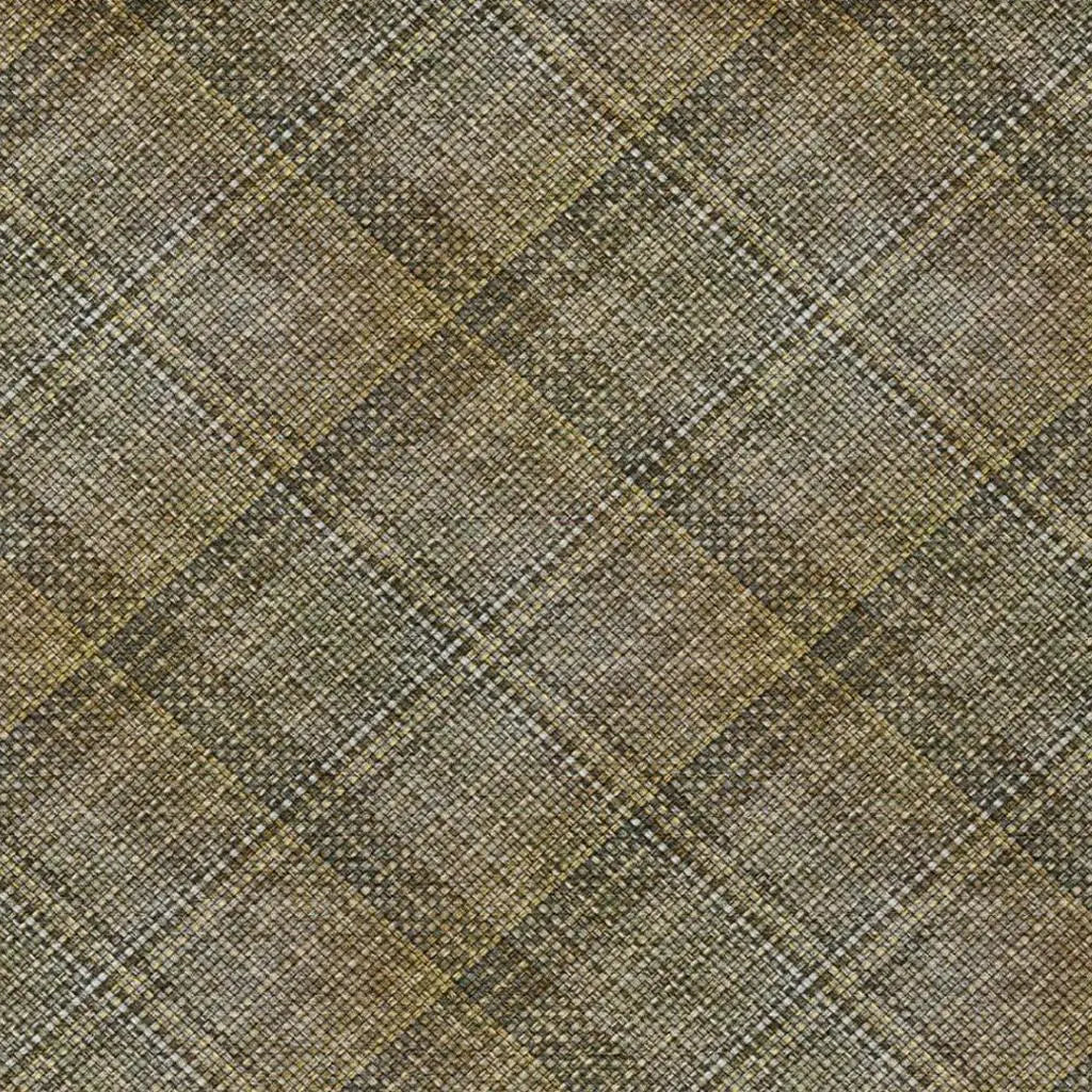 Brown plaid fabric with hints of gold and cream, perfect for upholstery or crafting projects.