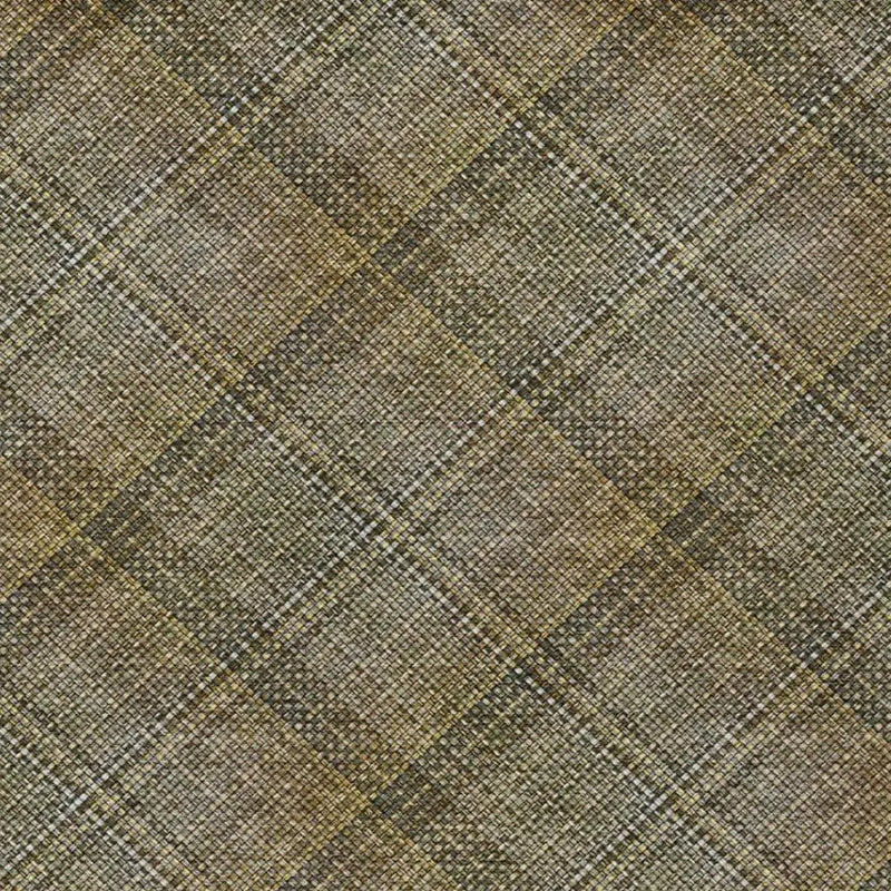 Brown plaid fabric with hints of gold and cream, perfect for upholstery or crafting projects.