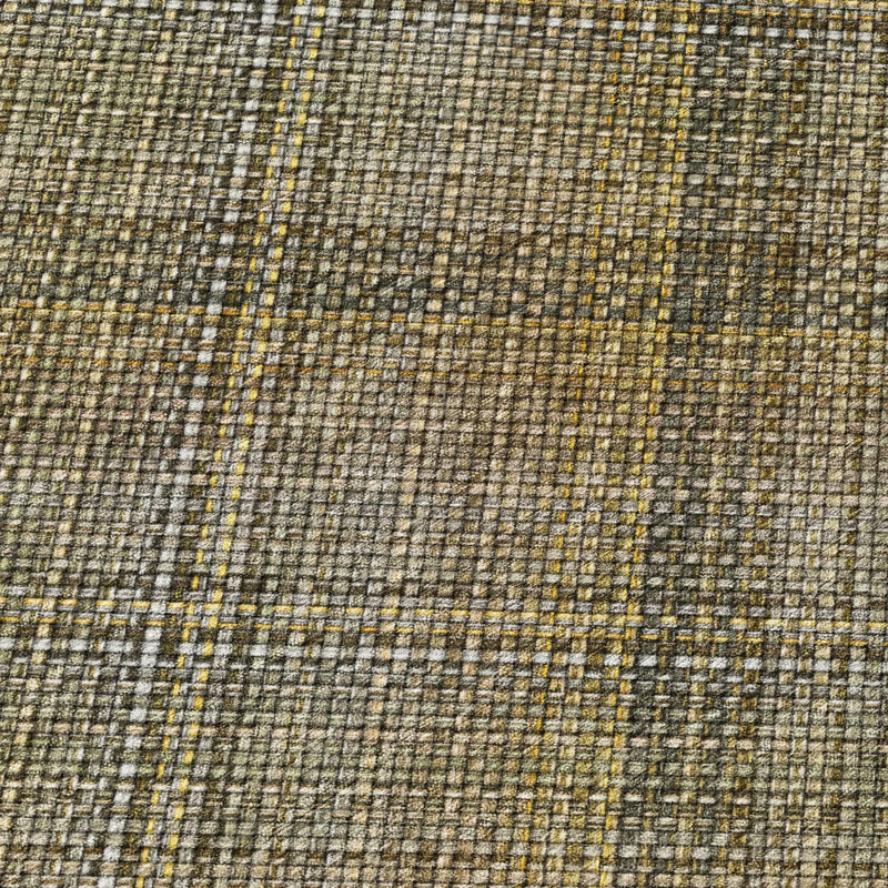 Plaid woven fabric in earthy tones of brown, gray, and mustard yellow, perfect for upholstery or crafting projects.