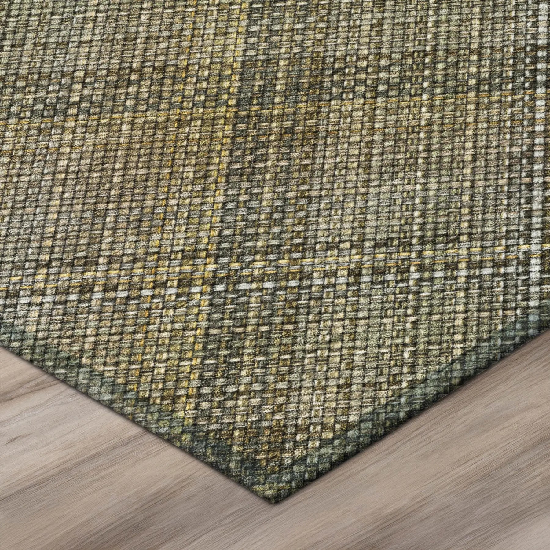 Textured plaid area rug in earthy green, gold, and brown tones, perfect for adding warmth to any room.