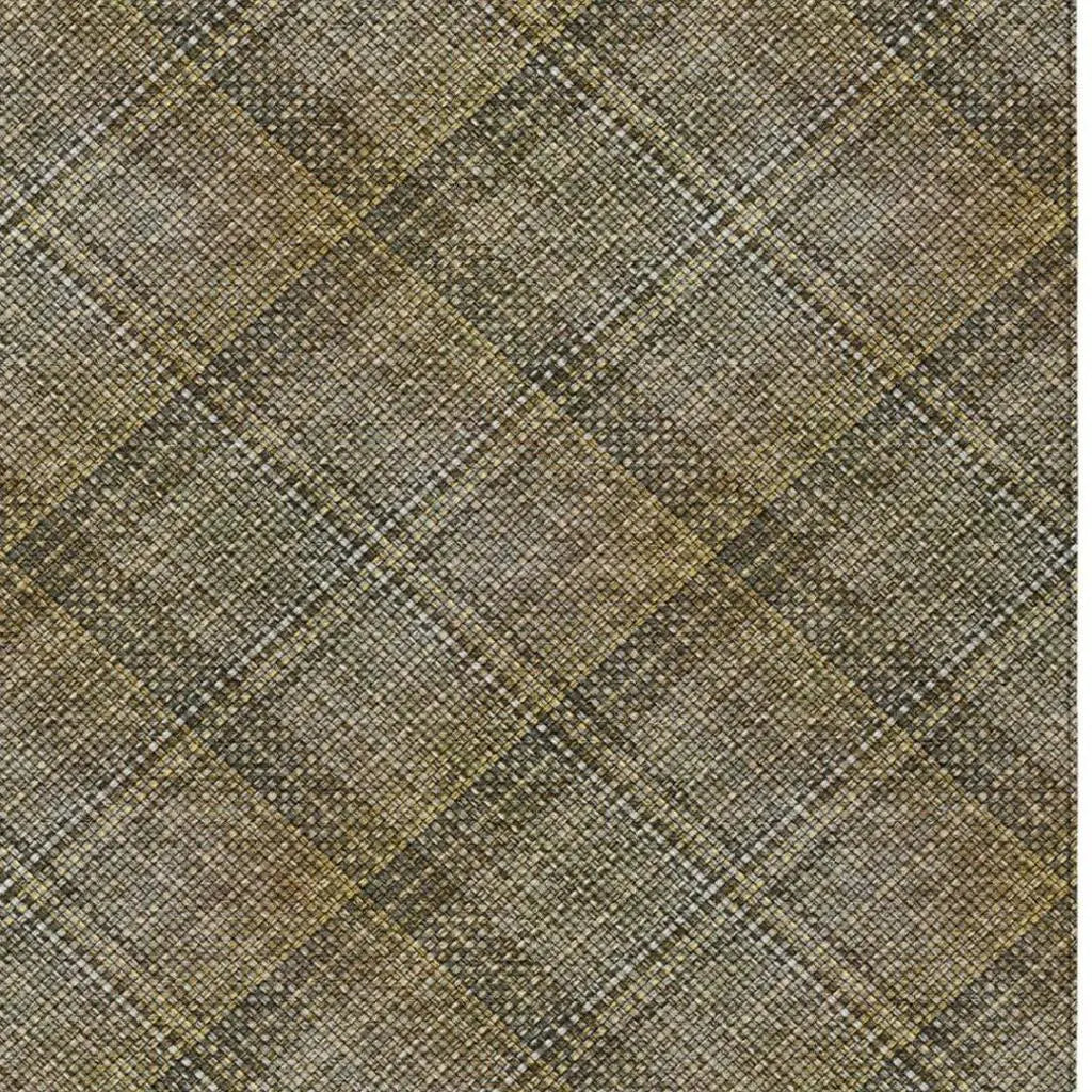Brown and gold plaid fabric, textured, ideal for upholstery or home decor projects.