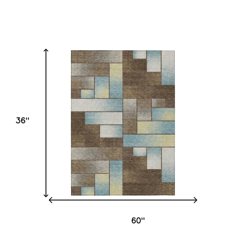 3' X 5' Brown And Gray Geometric Washable Indoor Outdoor Area Rug Homeroots Outdoor