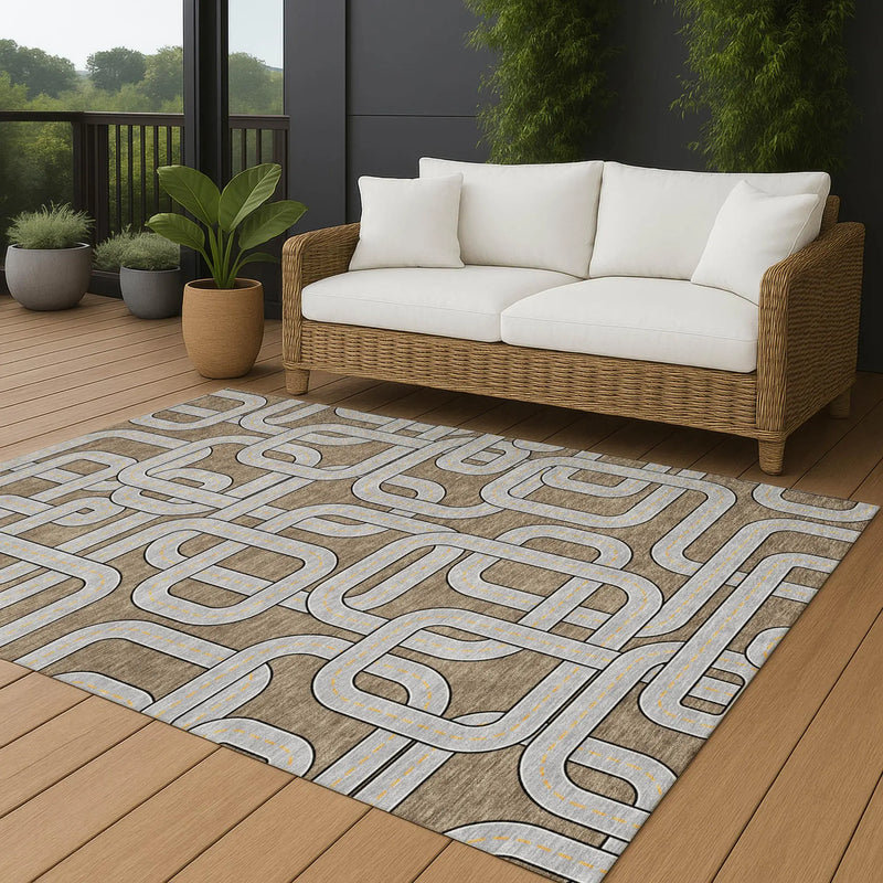 3' X 5' Brown And Gray Geometric Washable Indoor Outdoor Area Rug Homeroots Outdoor