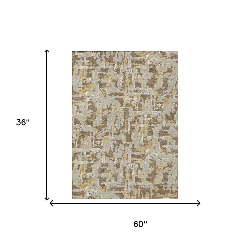 3' X 5' Brown And Ivory Abstract Washable Indoor Outdoor Area Rug Homeroots Outdoor