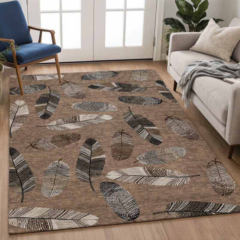 3' X 5' Brown And Ivory Botanical Leaves Washable Indoor Outdoor Area Rug Homeroots Outdoor