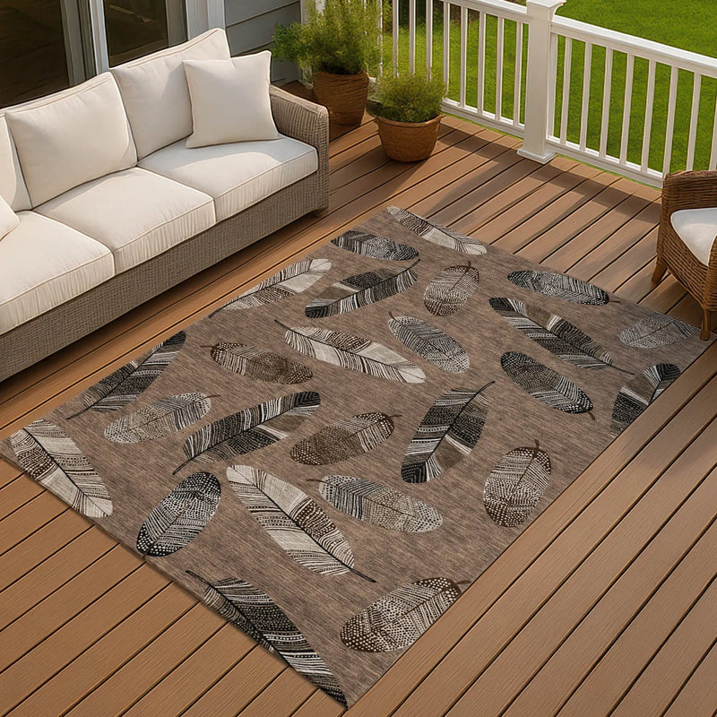3' X 5' Brown And Ivory Botanical Leaves Washable Indoor Outdoor Area Rug Homeroots Outdoor