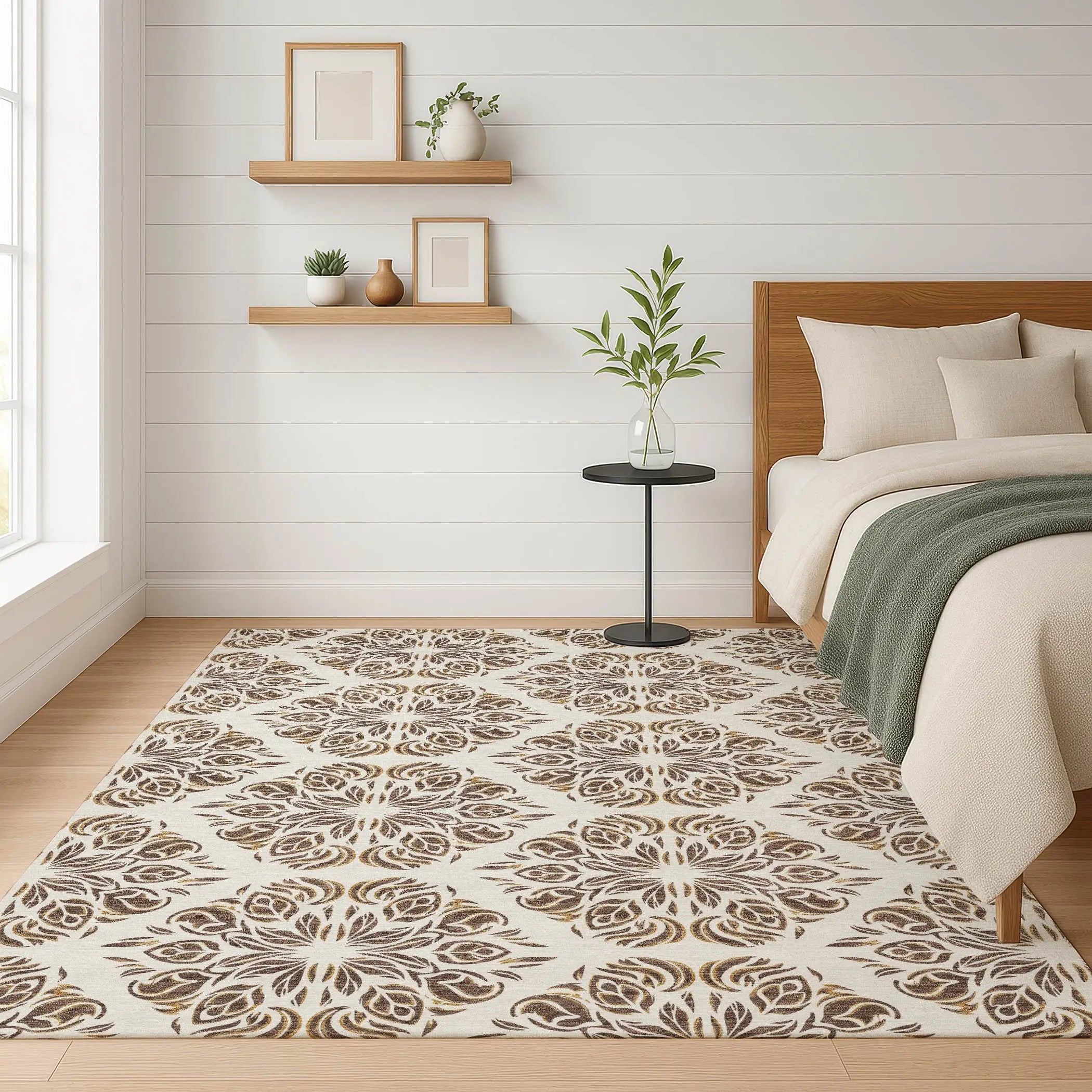 3' X 5' Brown And Ivory Damask Washable Indoor Outdoor Area Rug Homeroots Outdoor