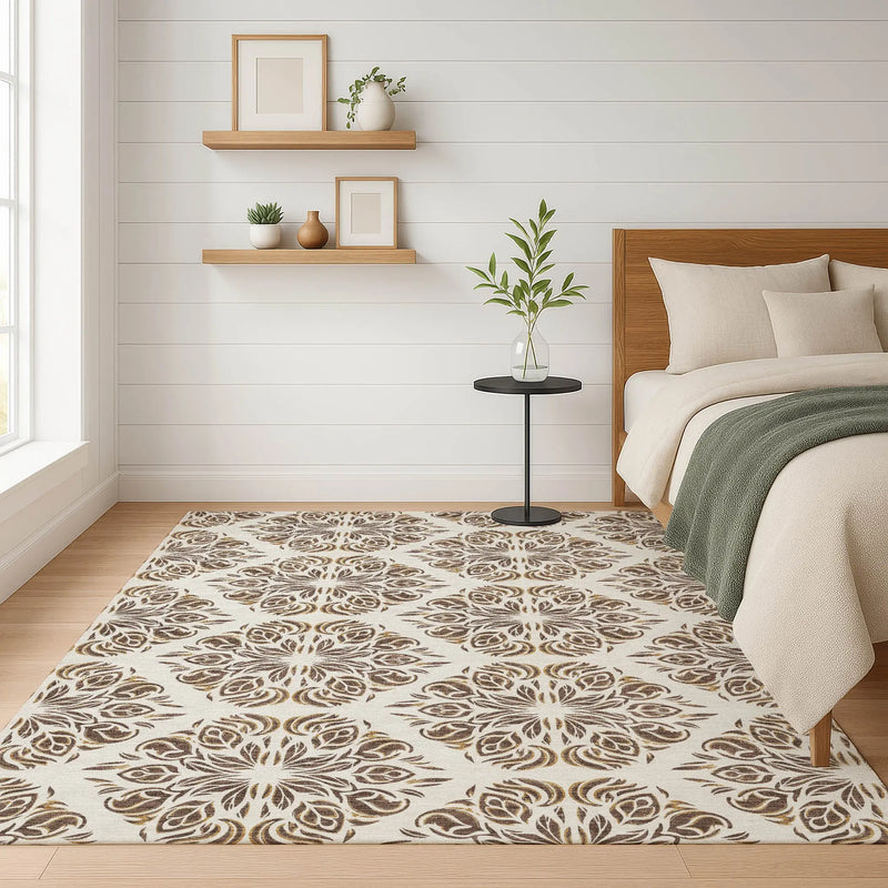 3' X 5' Brown And Ivory Damask Washable Indoor Outdoor Area Rug Homeroots Outdoor