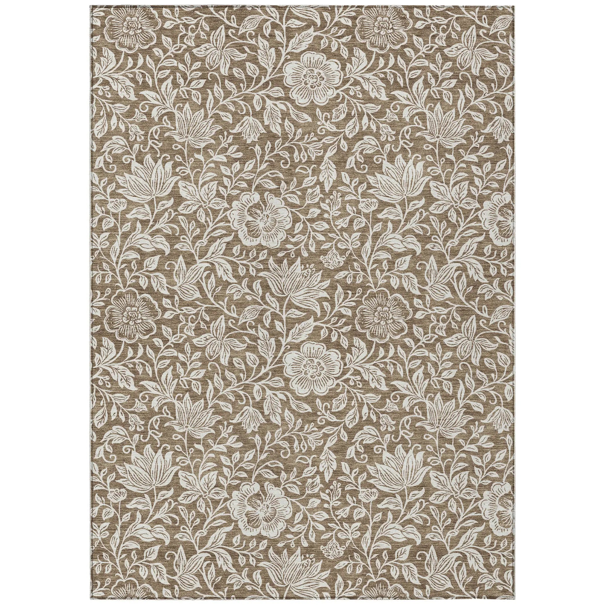 Floral beige area rug with white botanical patterns, perfect for adding elegance to modern or rustic decor.
