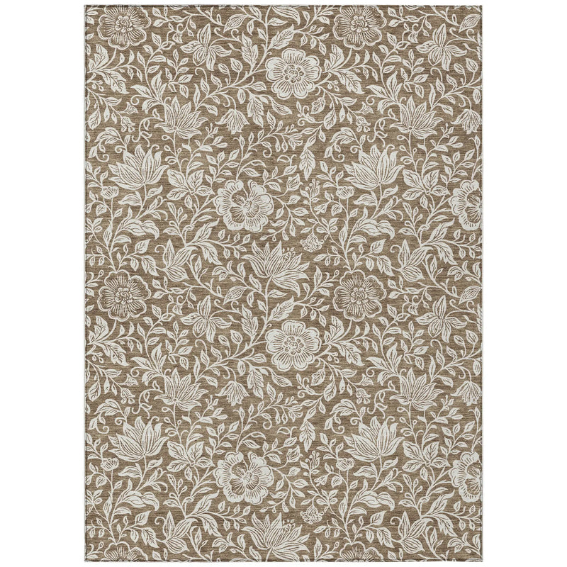 Floral beige area rug with white botanical patterns, perfect for adding elegance to modern or rustic decor.