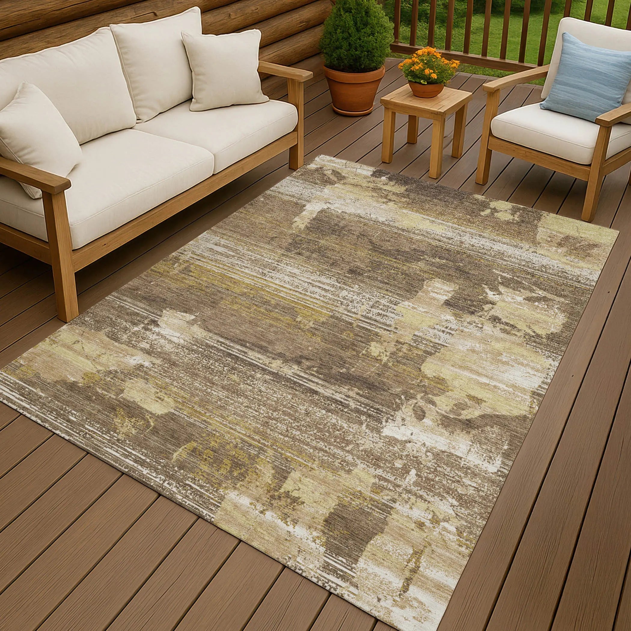 3' X 5' Brown And Khaki Abstract Washable Indoor Outdoor Area Rug Homeroots Outdoor
