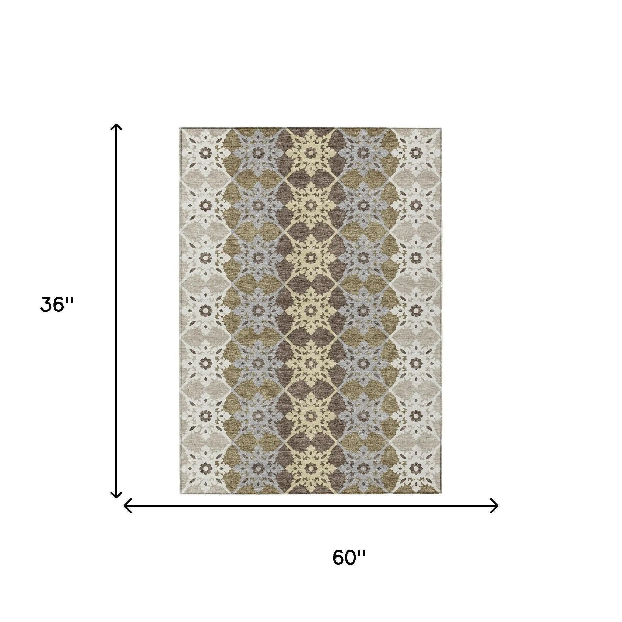 3' X 5' Brown And Pewter Floral Medallion Washable Indoor Outdoor Area Rug Homeroots Outdoor