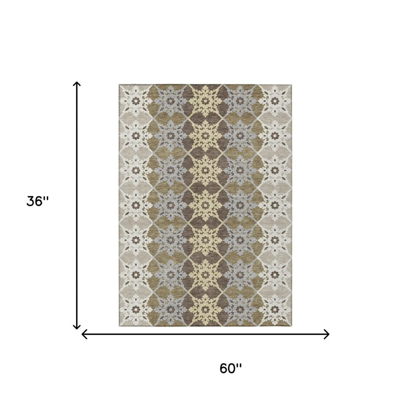 3' X 5' Brown And Pewter Floral Medallion Washable Indoor Outdoor Area Rug Homeroots Outdoor