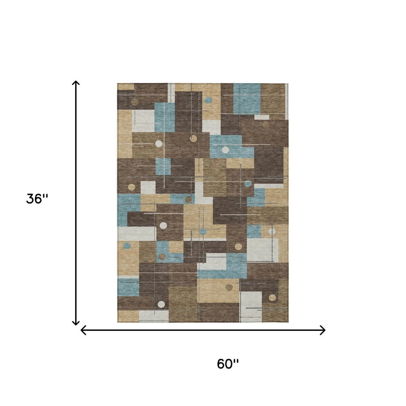 3' X 5' Brown And Pewter Geometric Washable Indoor Outdoor Area Rug Homeroots Outdoor