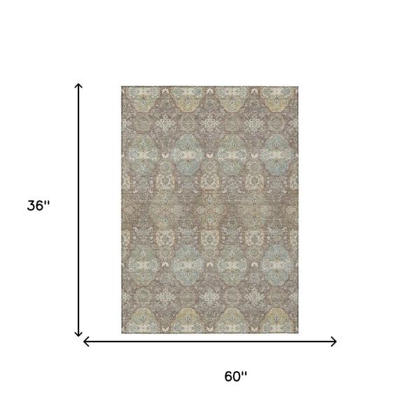 3' X 5' Brown And Sage Floral Washable Indoor Outdoor Area Rug Homeroots Outdoor