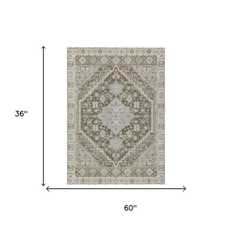 3' X 5' Brown And Silver Oriental Washable Indoor Outdoor Area Rug Homeroots Outdoor