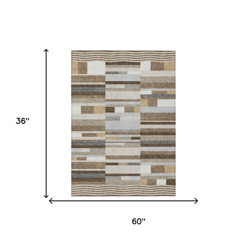3' X 5' Brown And Silver Striped Washable Indoor Outdoor Area Rug Homeroots Outdoor