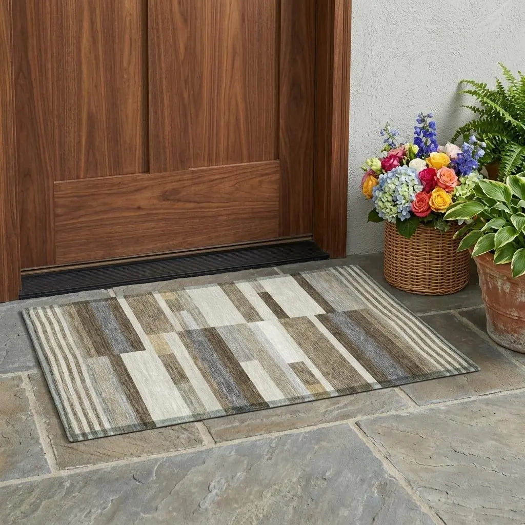 3' X 5' Brown And Silver Striped Washable Indoor Outdoor Area Rug Homeroots Outdoor