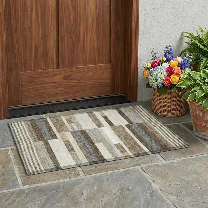3' X 5' Brown And Silver Striped Washable Indoor Outdoor Area Rug Homeroots Outdoor