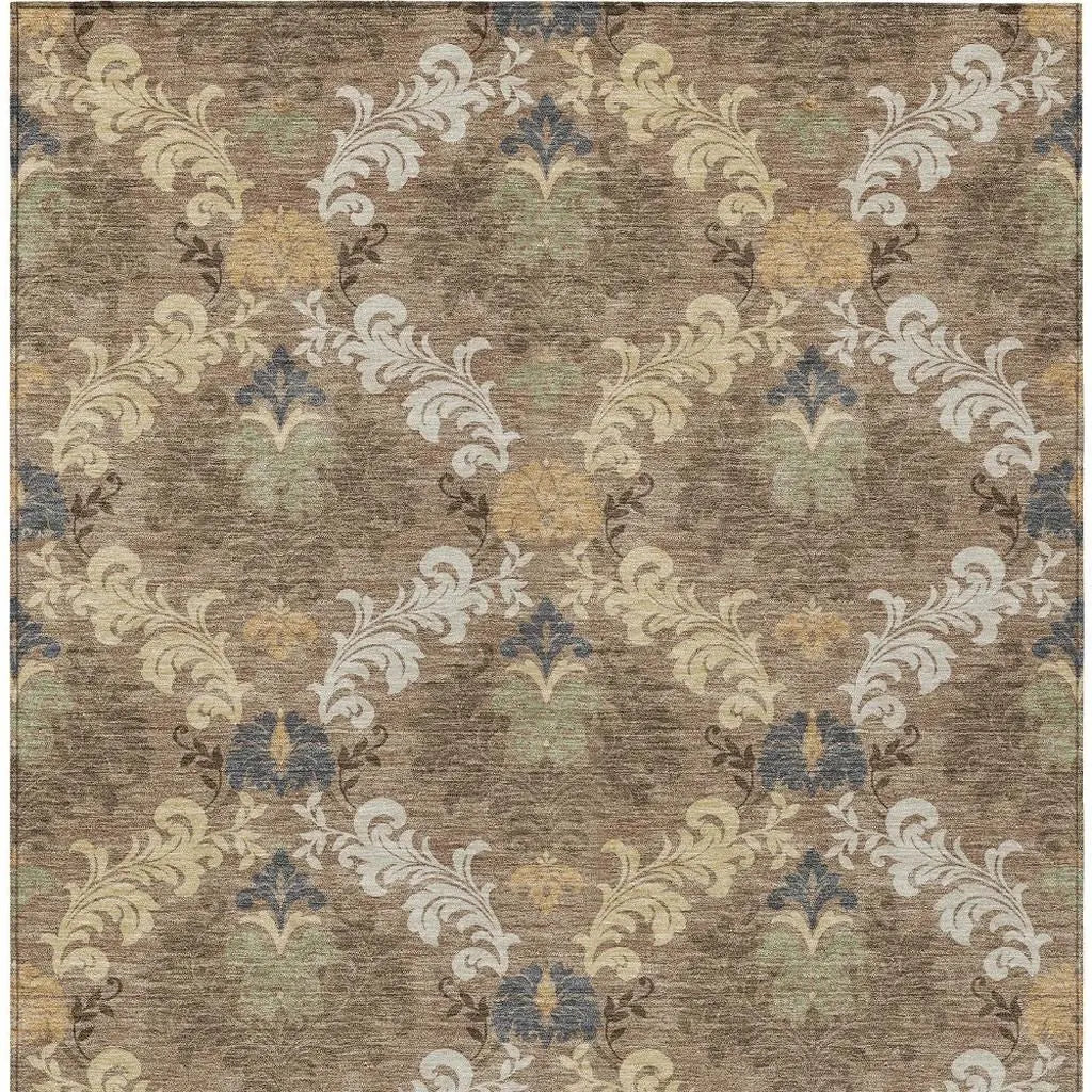 3' X 5' Brown And Taupe Damask Washable Indoor Outdoor Area Rug Homeroots Outdoor
