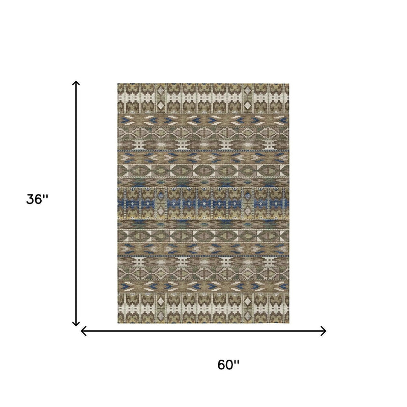 3' X 5' Brown And Taupe Geometric Washable Indoor Outdoor Area Rug Homeroots Outdoor
