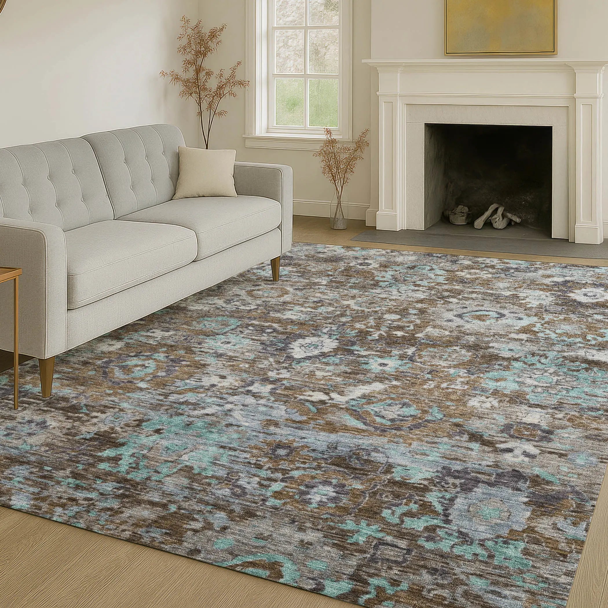 3' X 5' Brown And Teal Blue Floral Washable Indoor Outdoor Area Rug Homeroots Outdoor