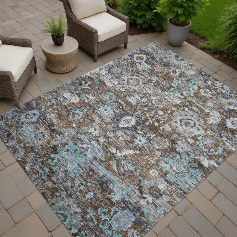 3' X 5' Brown And Teal Blue Floral Washable Indoor Outdoor Area Rug Homeroots Outdoor