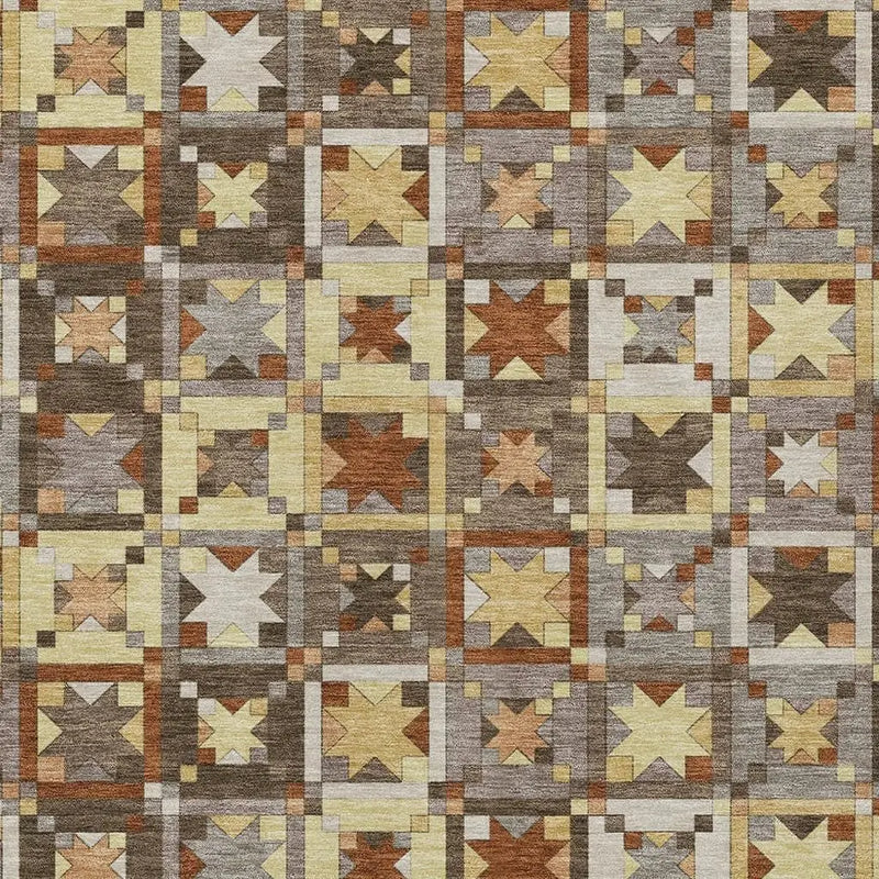 Colorful geometric star pattern rug in earthy tones of brown, yellow, and gray. Soft wool material, modern style.