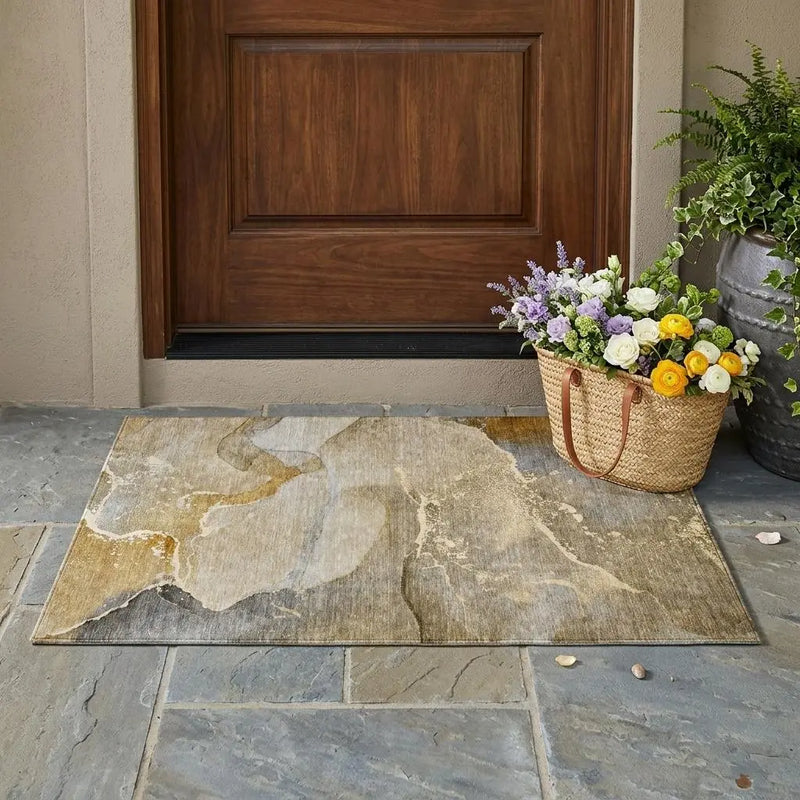 3' X 5' Brown Beige and Gold Abstract Washable Indoor Outdoor Area Rug Homeroots Outdoor