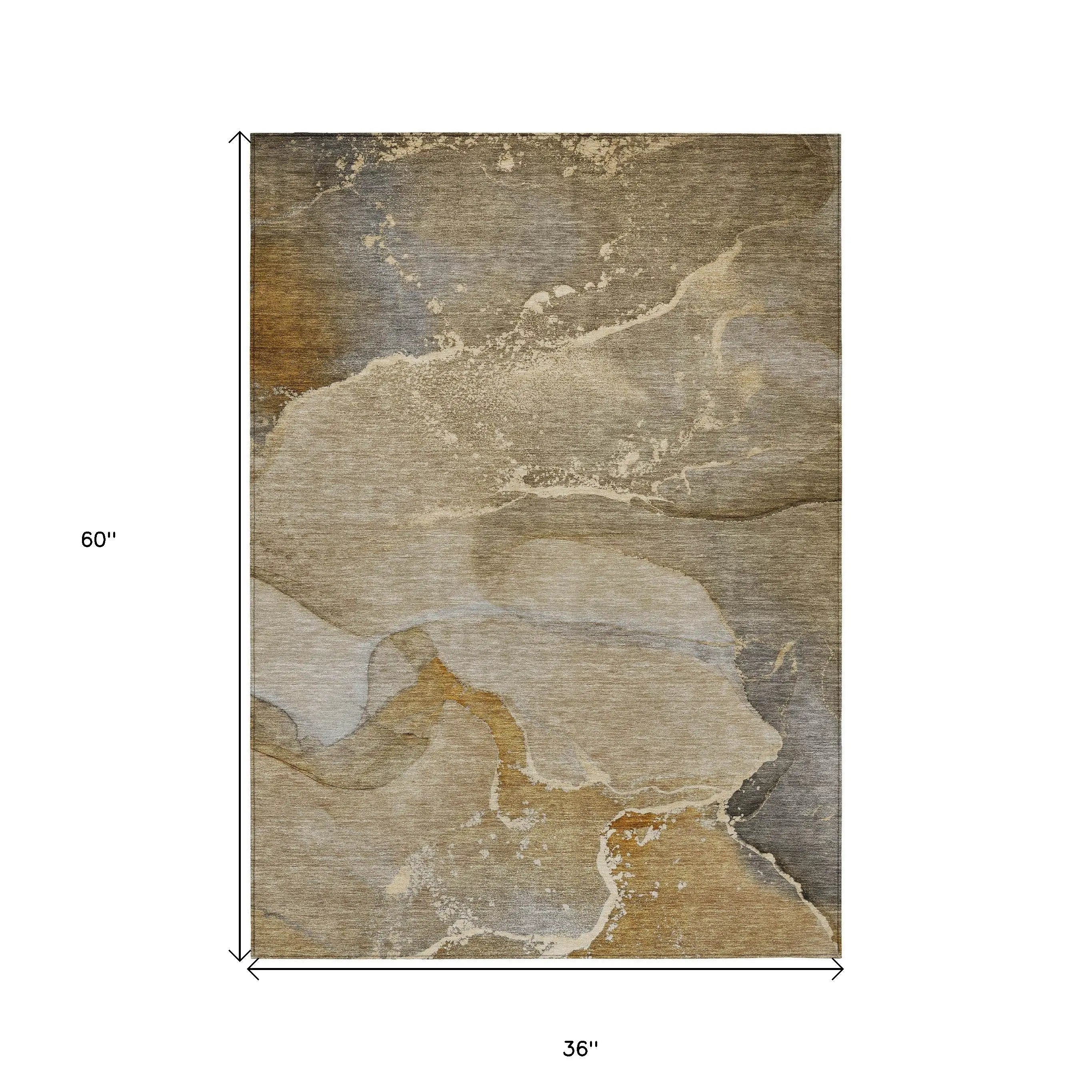 3' X 5' Brown Beige and Gold Abstract Washable Indoor Outdoor Area Rug Homeroots Outdoor
