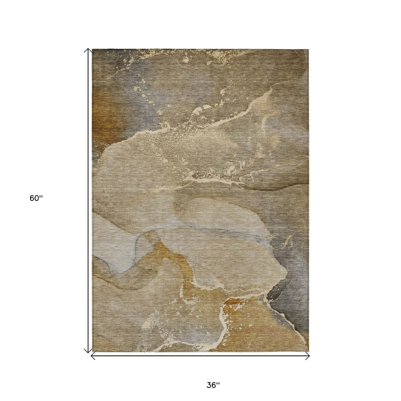 3' X 5' Brown Beige and Gold Abstract Washable Indoor Outdoor Area Rug Homeroots Outdoor