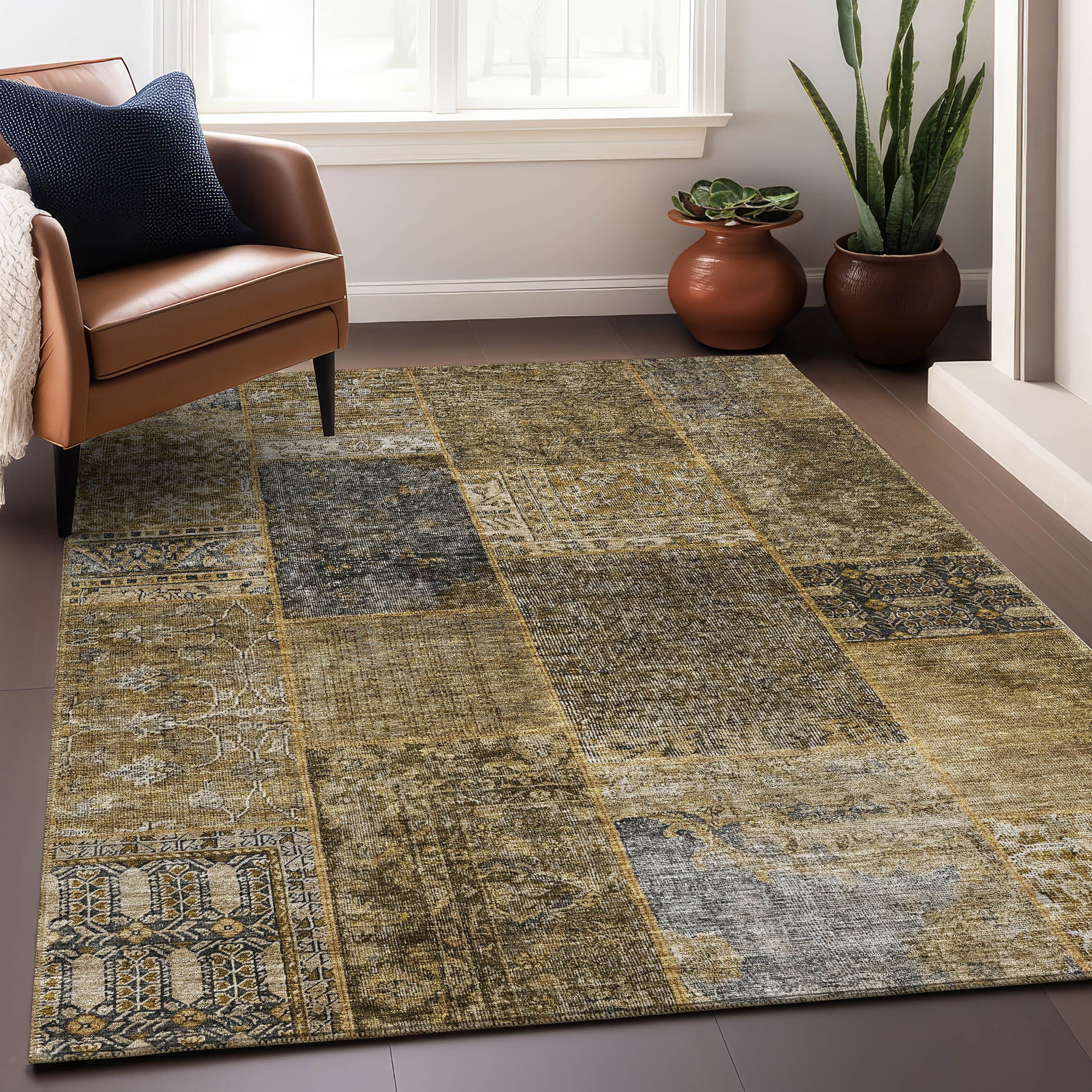 3' X 5' Brown Gray And Charcoal Patchwork Washable Area Rug With UV Protection Homeroots Home Decor