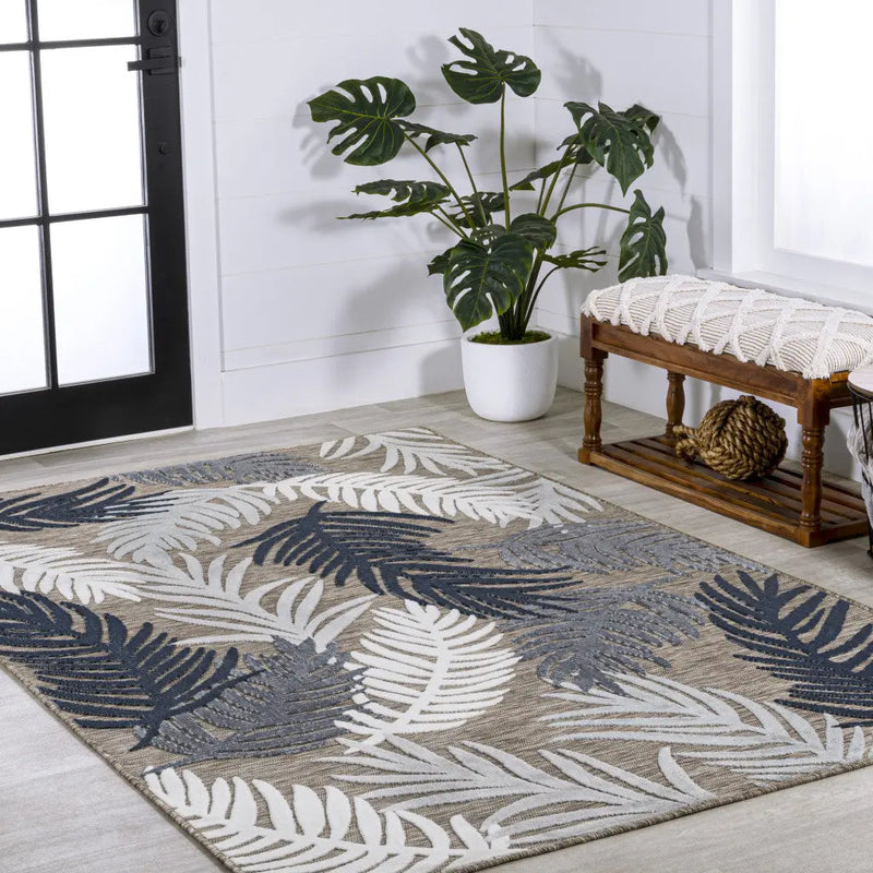 3' X 5' Brown Navy Blue And Ivory Floral Indoor Outdoor Area Rug - GreatEagleInc