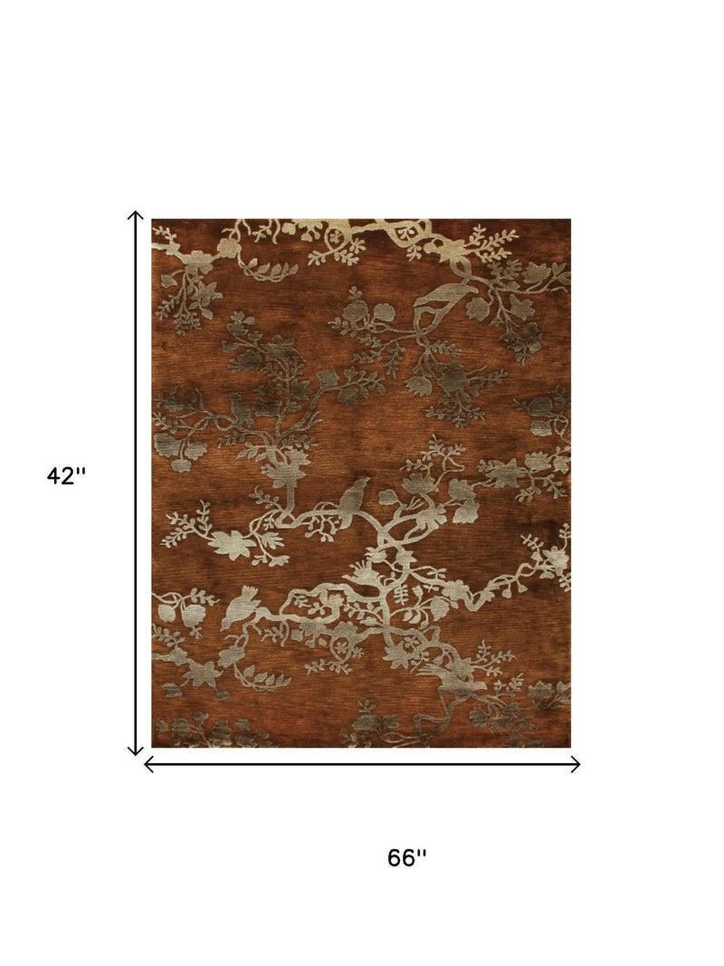 3' X 5' Brown Orange And Silver Wool Floral Hand Knotted Area Rug Homeroots Home Decor