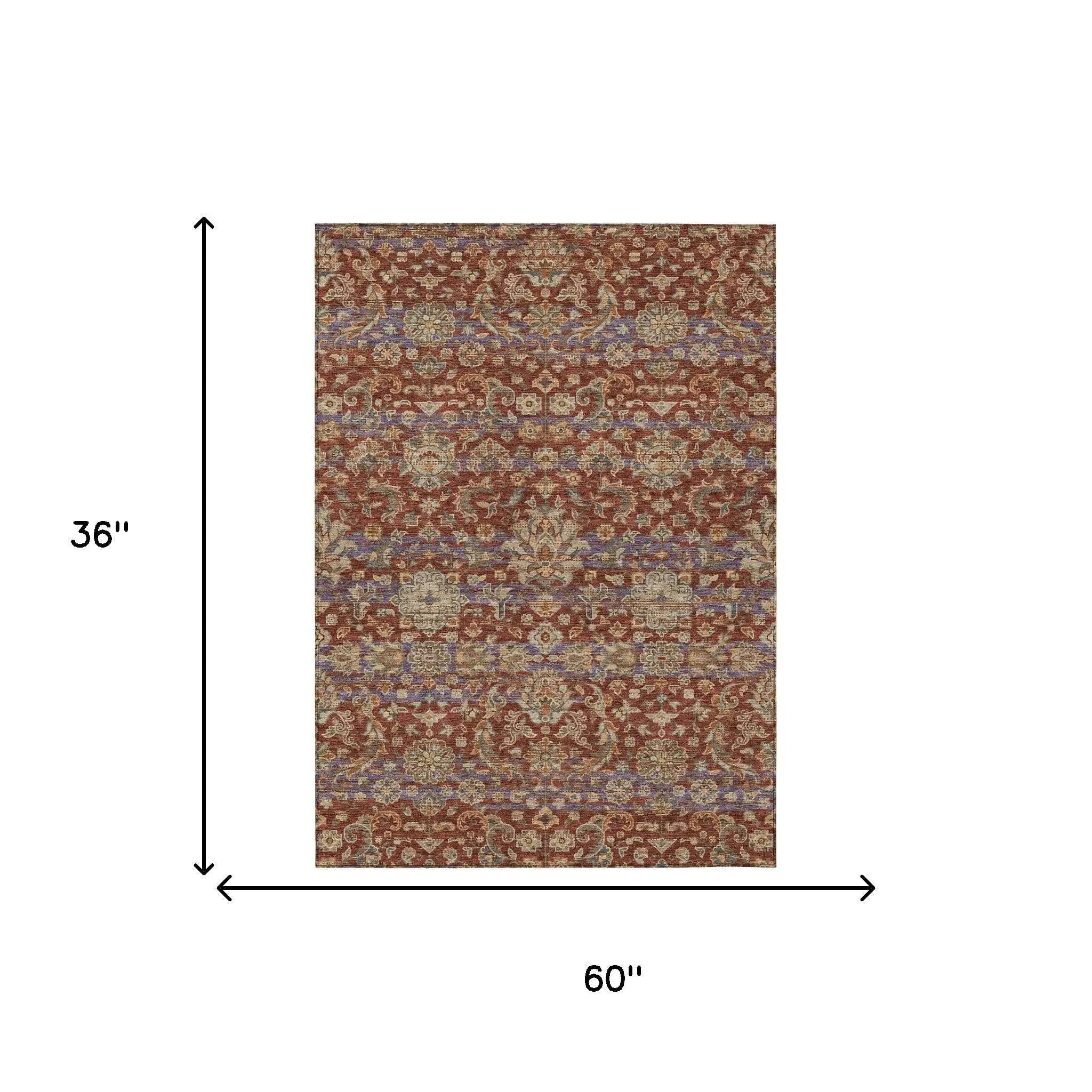3' X 5' Burgundy And Orange Floral Medallion Washable Indoor Outdoor Area Rug Homeroots Outdoor