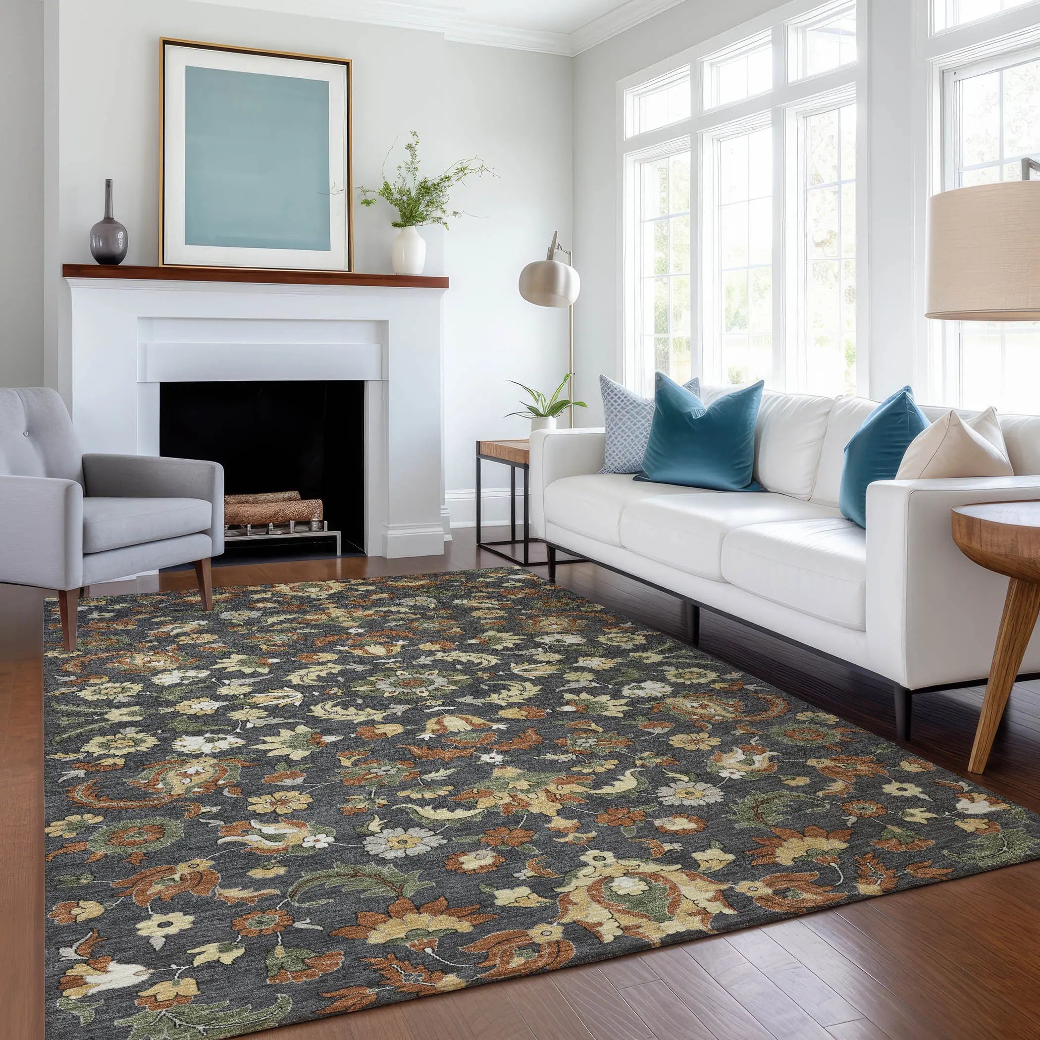 3' X 5' Charcoal And Black Floral Medallion Washable Indoor Outdoor Area Rug Homeroots Outdoor